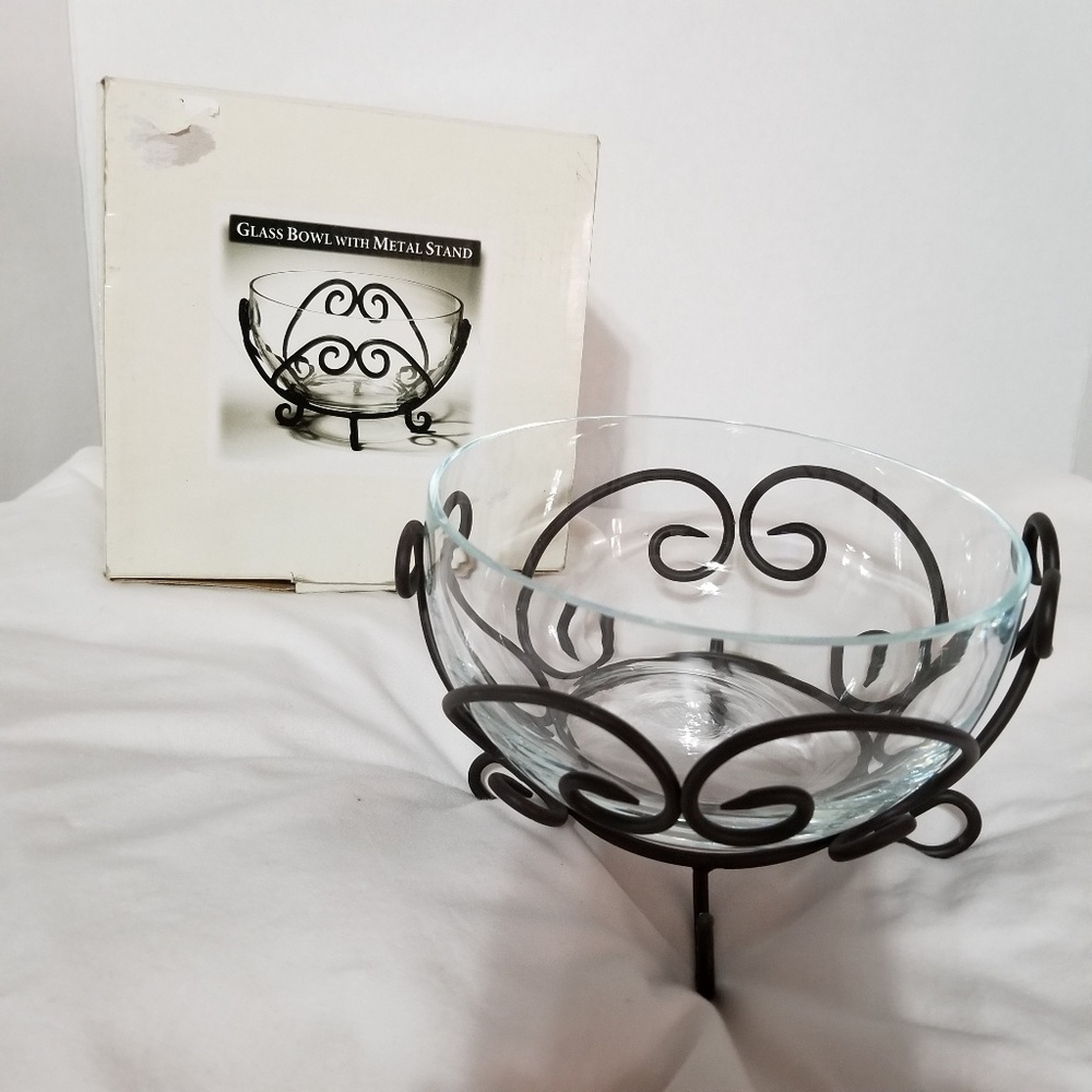 Glass bowl with metal stand